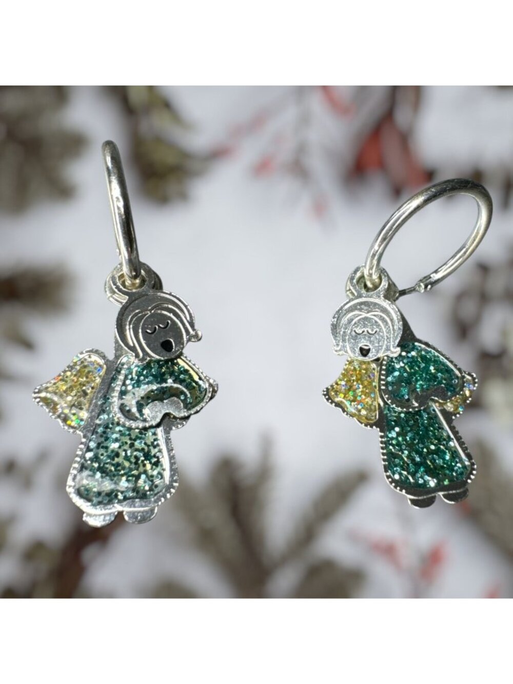 Angel Charm Hoop Earrings With Glitter Accents In Silver-Tone Metal